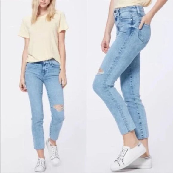 PAIGE Denim - 🔥$27 PAIGE Hoxton Slim Jean High Rise Raw Hem Light Blue Aloha Distress Denim